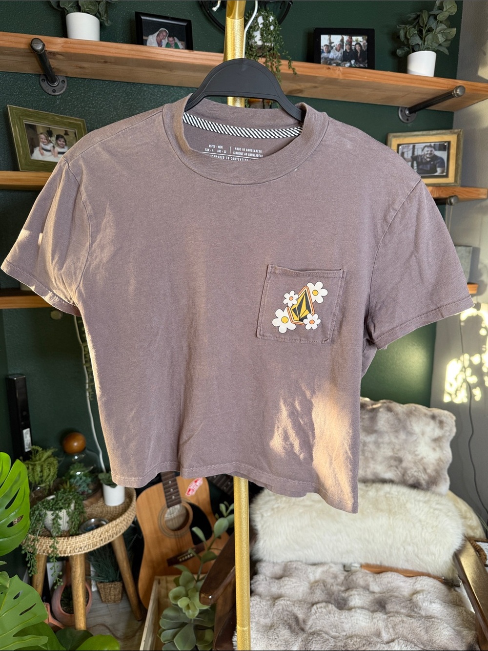 Volcom Brown Cropped Pocket Tee with Bee & Daisy Patch